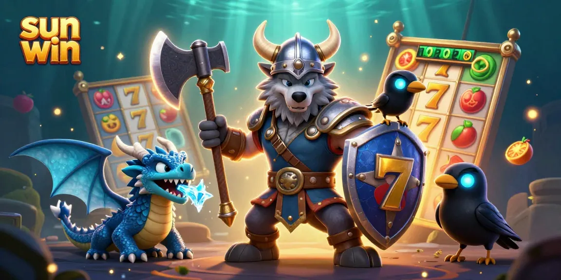 Viking wolf warrior and fierce dragon celebrate wins at sun win slots with dynamic game elements.