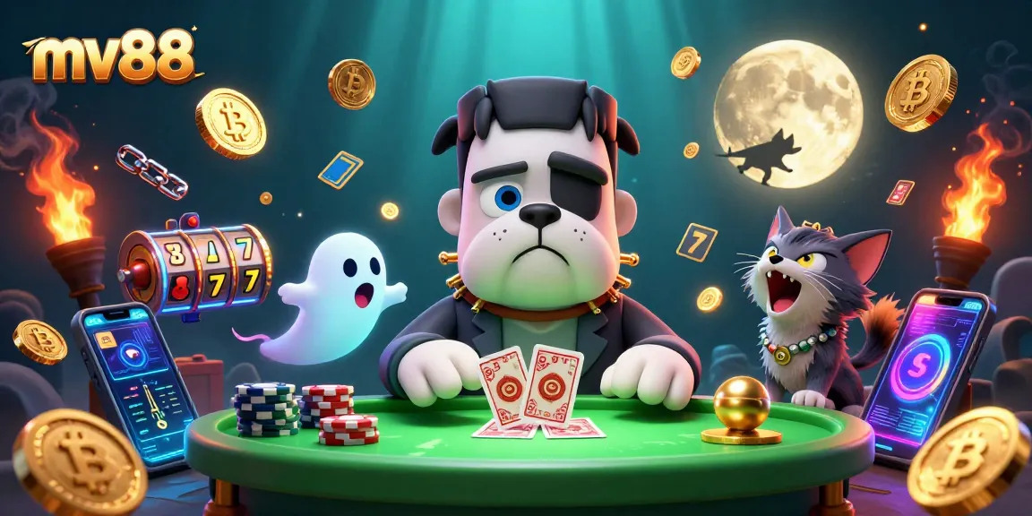 Experience thrills at mv88's haunted casino with vibrant characters like a Frankenstein bulldog and ghostly elements.