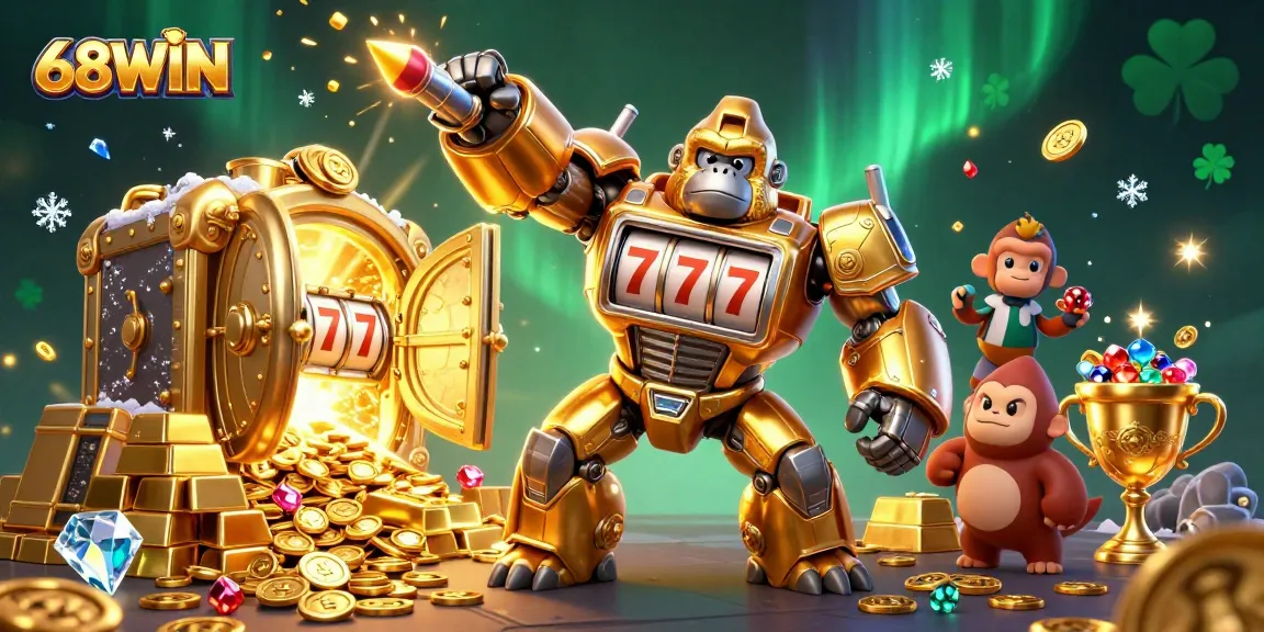 Experience premium gameplay and winnings at 68WIN with a dynamic casino scene featuring animated gaming elements.