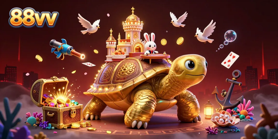 Experience thrilling gaming at 88vv with a vibrant illustration of the golden tortoise casino scene.